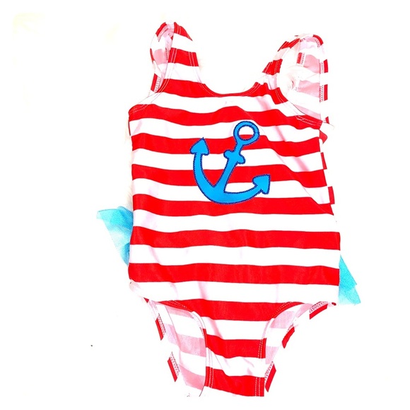 Red and white sailor swimsuit w/ bow & ruffle -2T - Picture 2 of 5